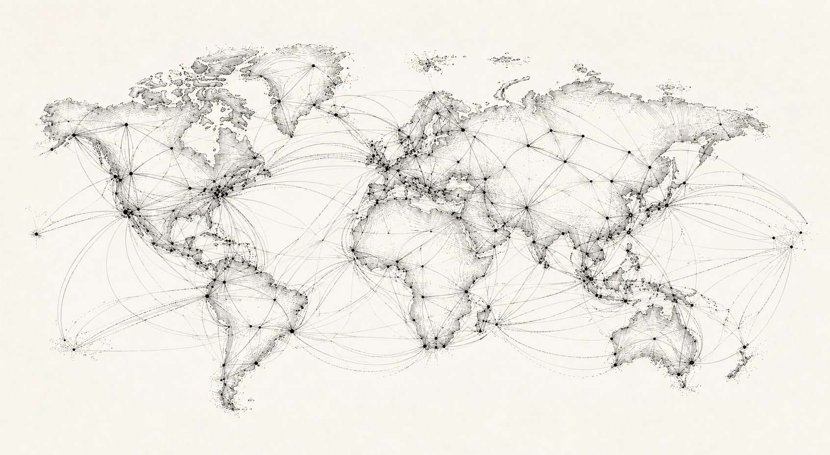 An engraved map of the world economy: trade routes and pressure lines between regions.