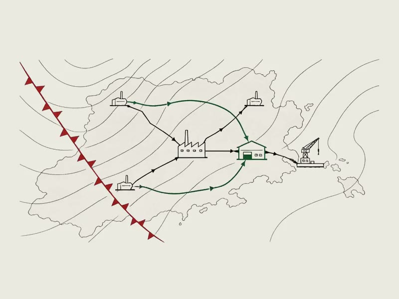 A supply-network map under a weather chart. A red front advances on a factory; its warehouse and reserve routes are green.